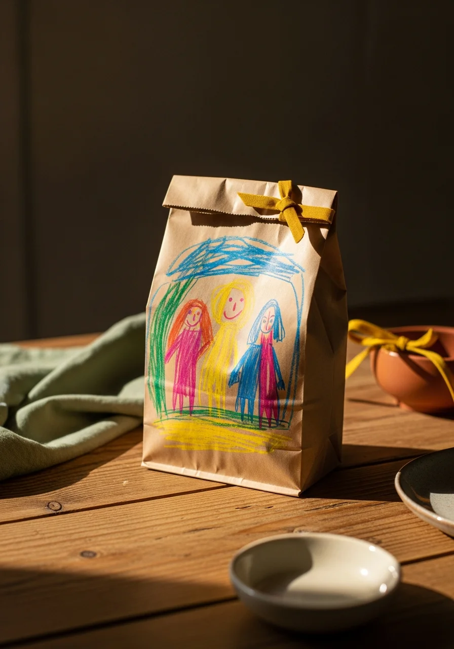 A coffee bag with a child's drawing on a wooden table.