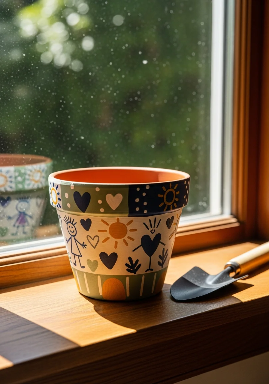 A terracotta flower pot with colorful hand-painted designs on a window ledge.
