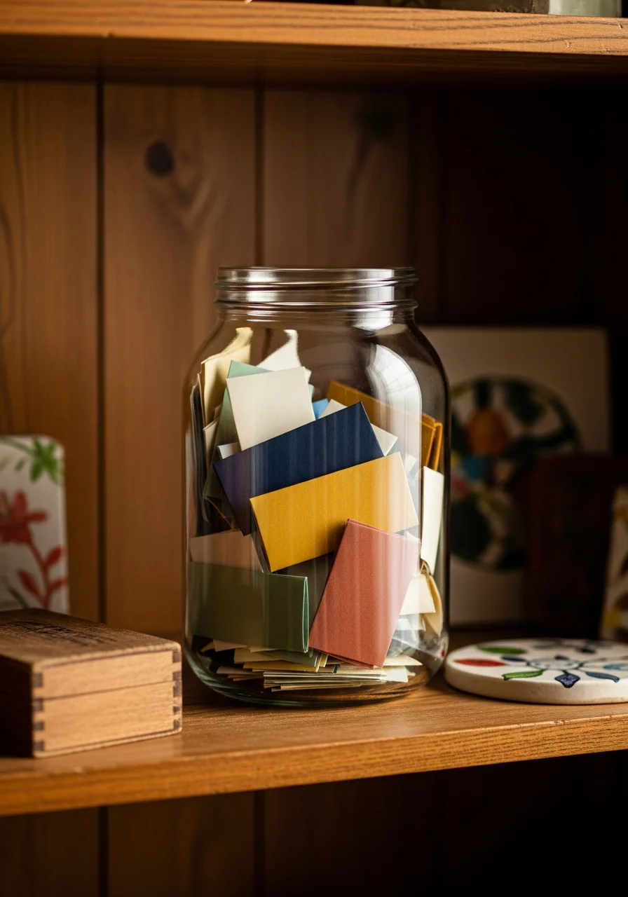 A glass jar filled with small folded notes on a dark wood shelf.