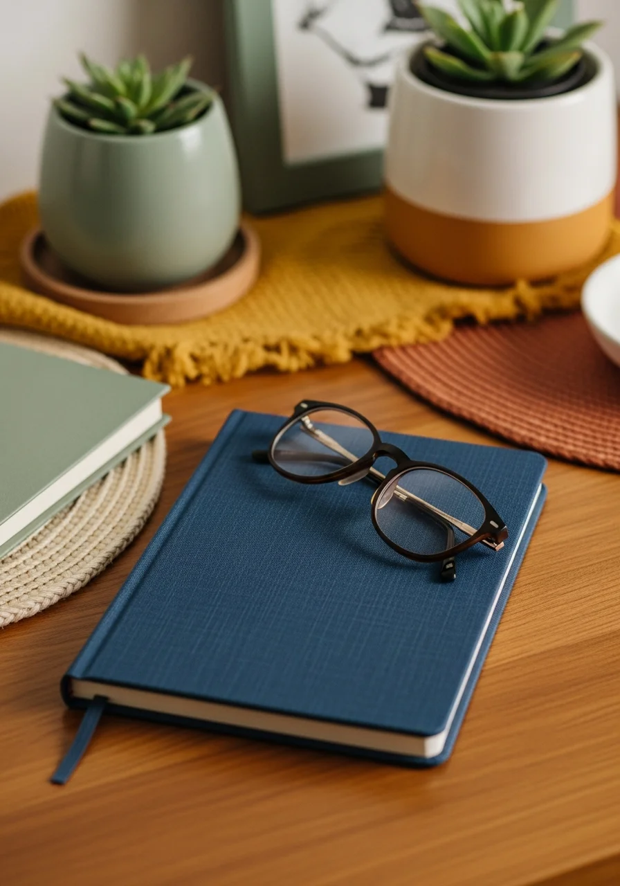 A navy blue fabric journal and glasses on a wooden desk.