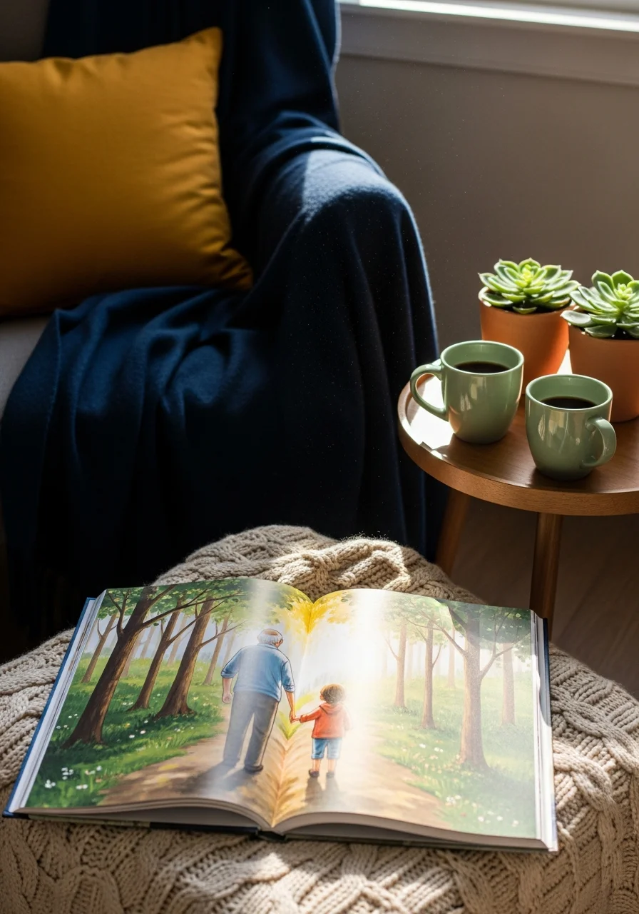 A book with an illustration of a man and child hiking on a blanket.