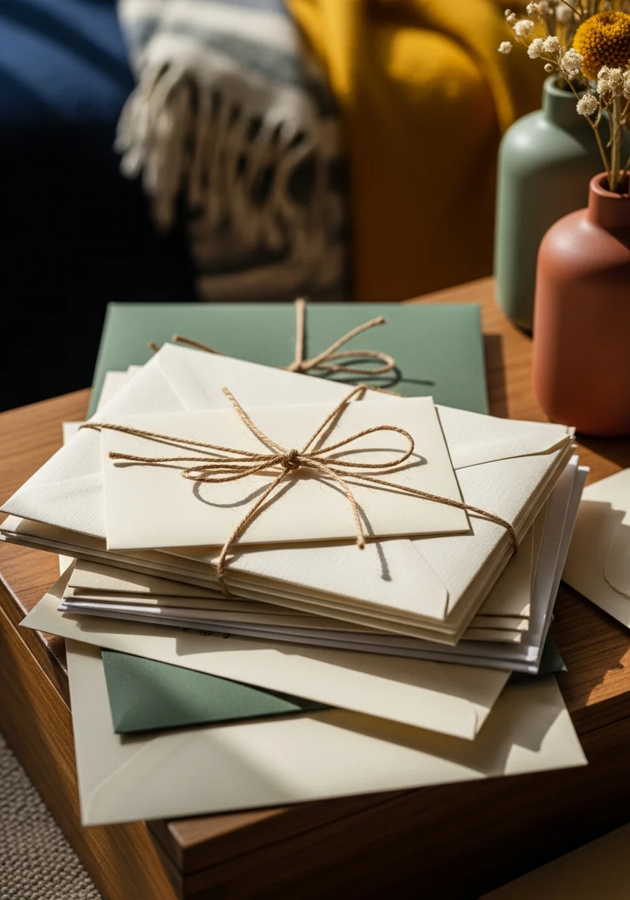 A stack of elegant cream-colored stationery tied with twine.