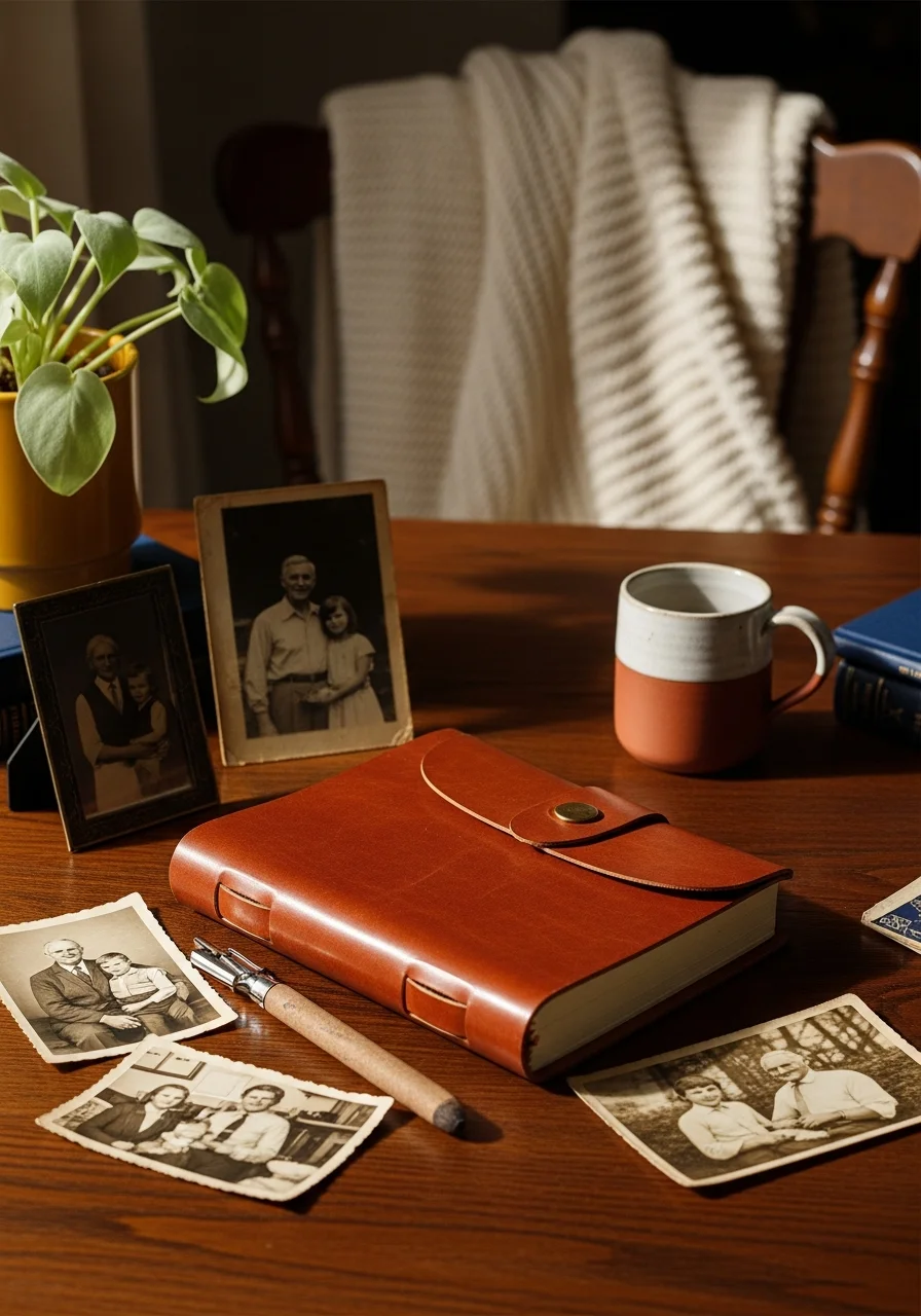 A leather journal and old photos on a dark wood table.