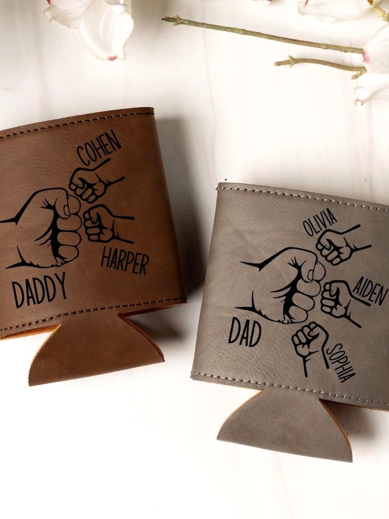 Personalized Leather Can Sleeves grandpa fathers day gifts from kids