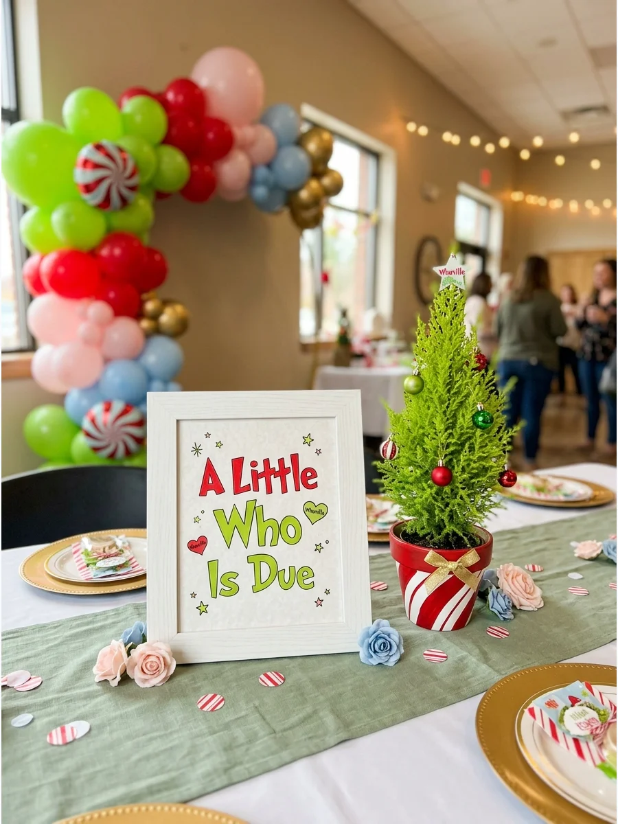 A framed sign reading A Little Who Is Due next to a small green tree.