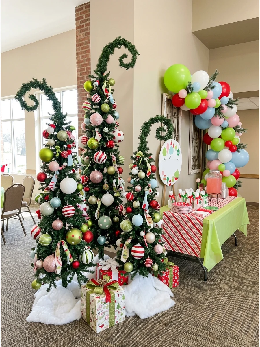 A grouping of thin Christmas trees with bent tops and bright ornaments.