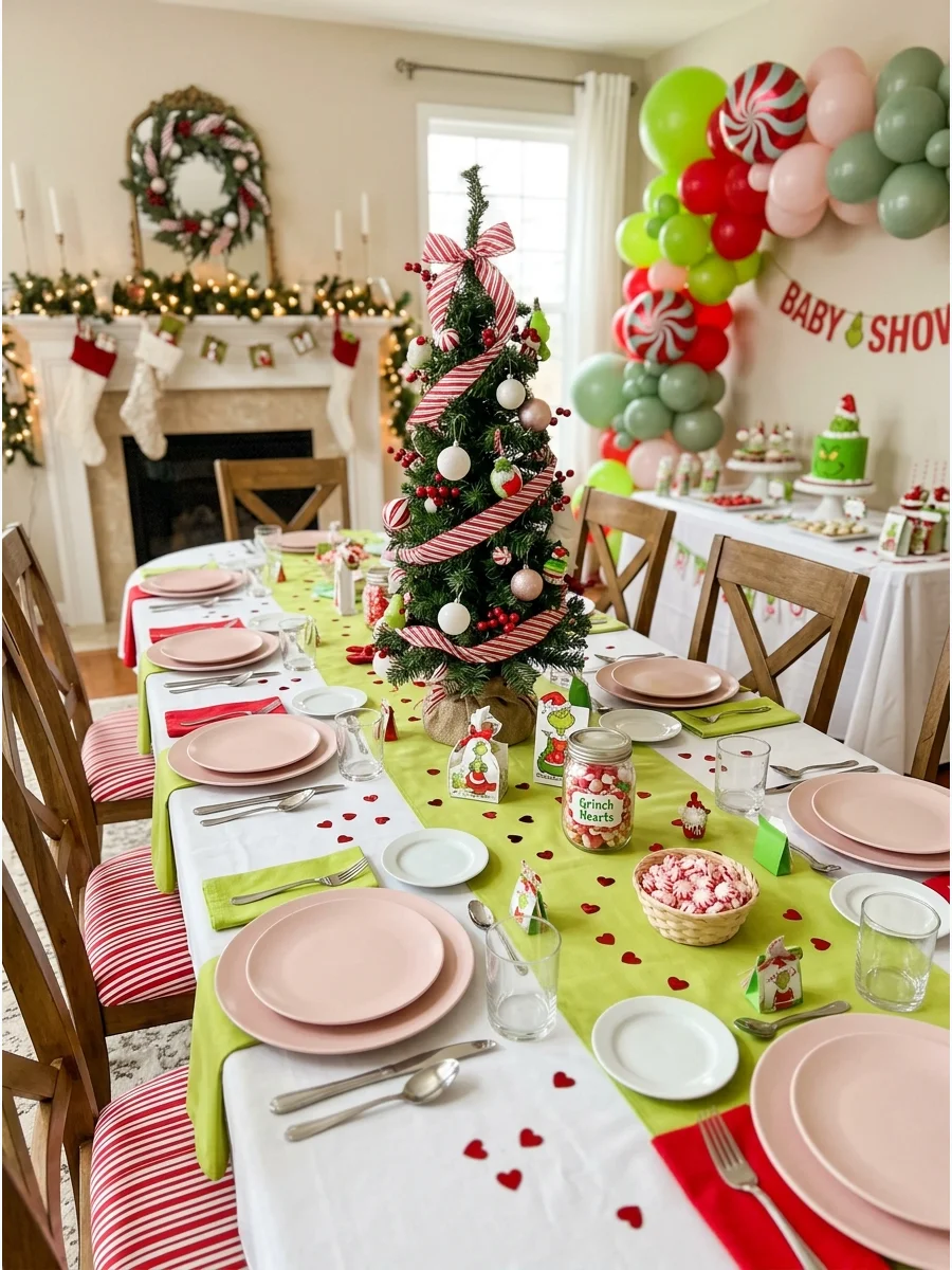 A table setting with lime green and pink decor for a baby shower.