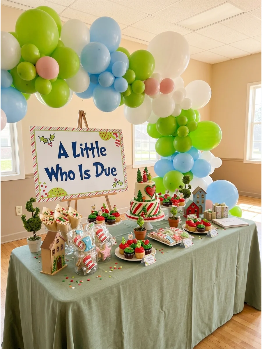 Blue and green themed baby shower decorations.