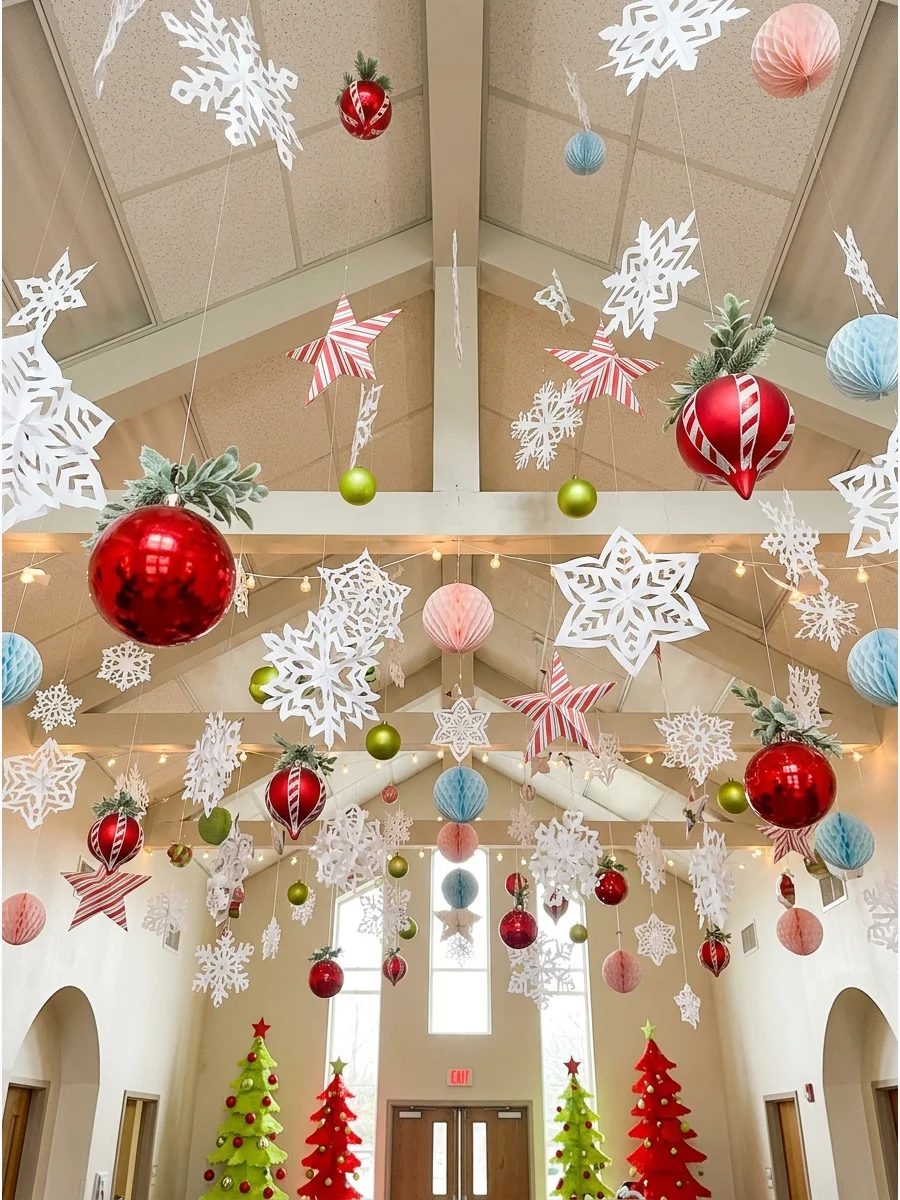 Snowflakes and ornaments hanging from the ceiling.