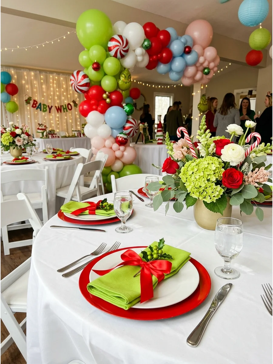 A festive place setting with red, white, and green colors.