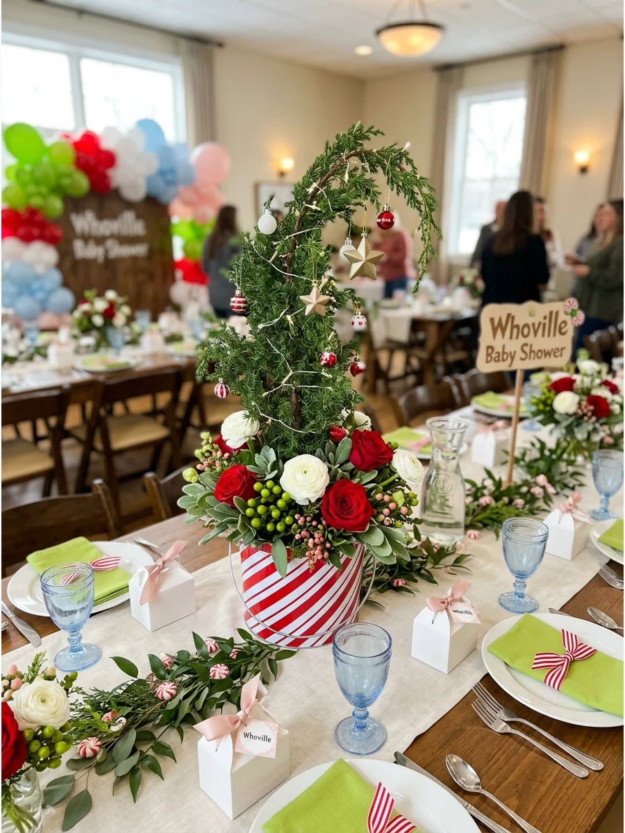 A small bent tree centerpiece in a striped vase.