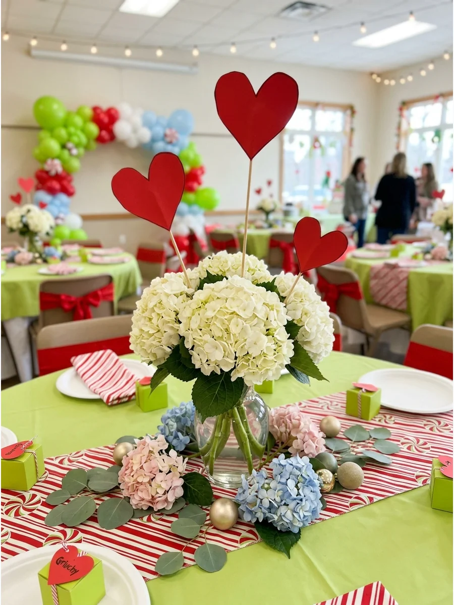 White flowers with red heart accents on sticks.