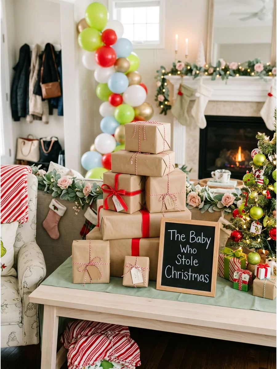 Wrapped presents with a sign about the baby who stole Christmas.