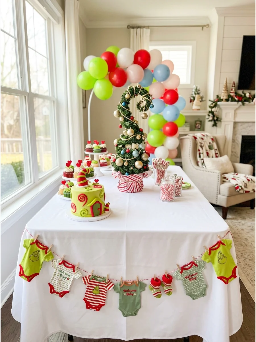 A garland made of red and green baby clothes.
