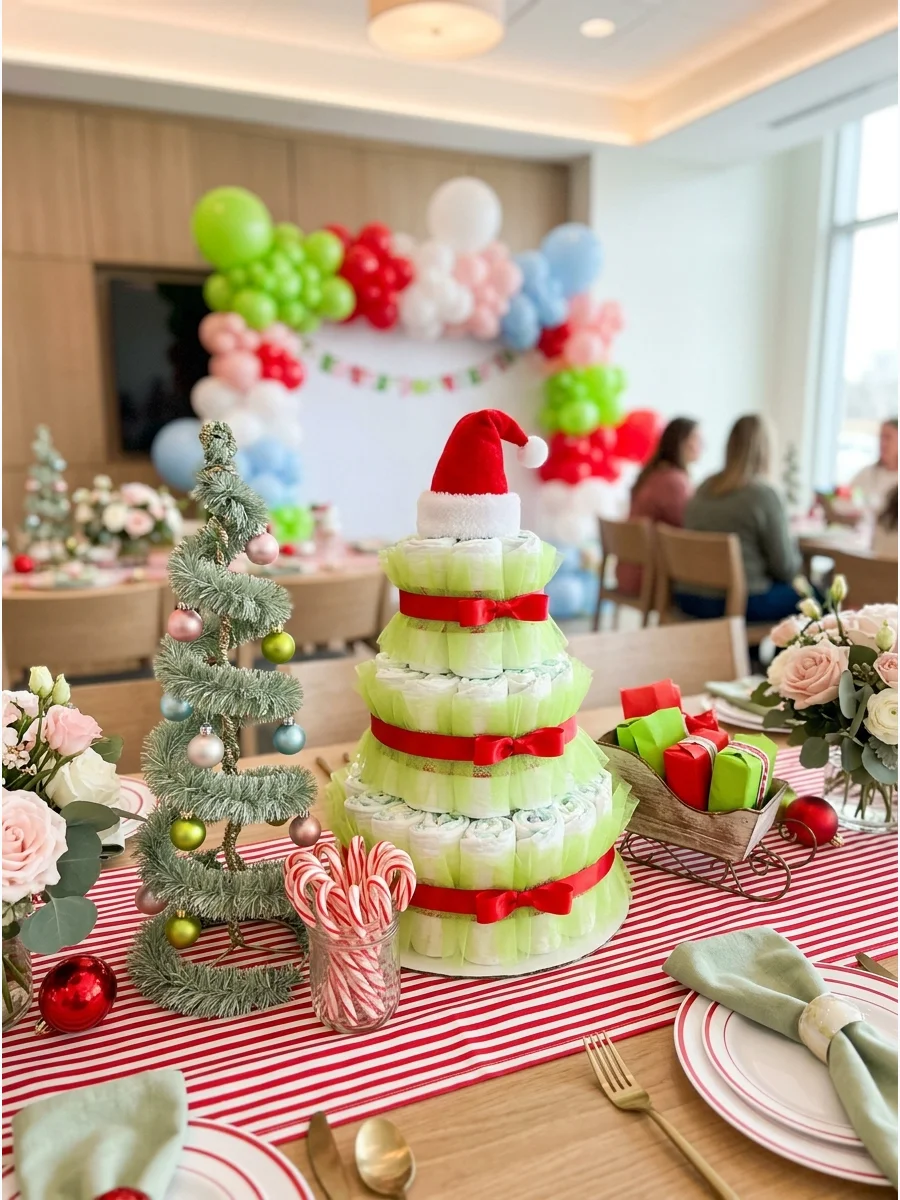 A diaper cake decorated in a Grinch theme.