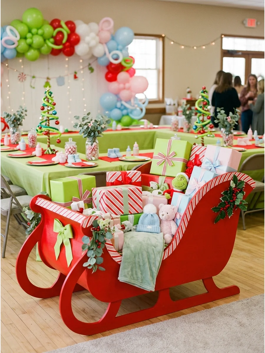 A red sleigh used as a gift holder for a baby shower.