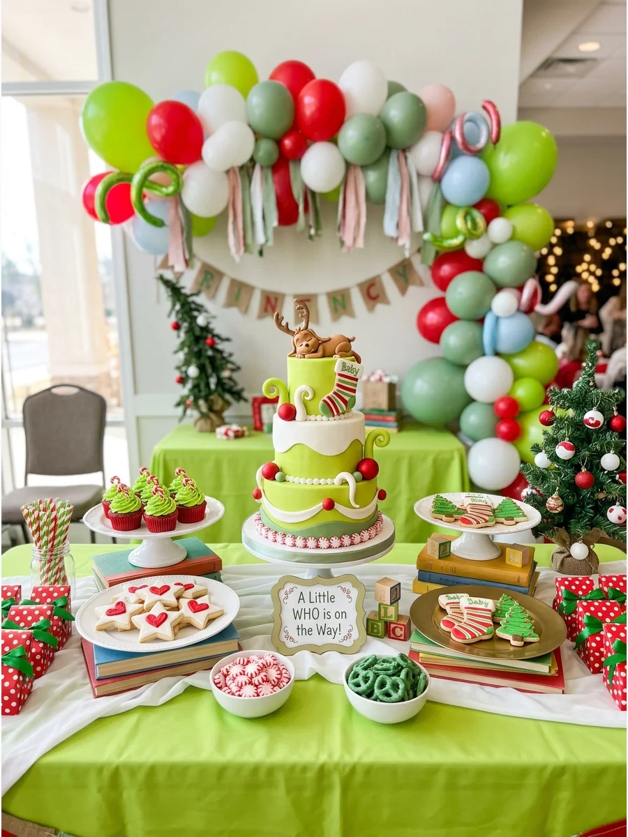 A dessert table filled with green and red themed treats.