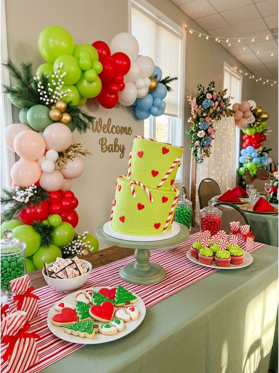 A tilted green and red baby shower cake.