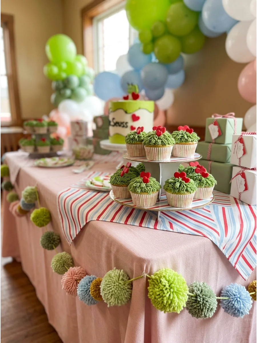 Cupcakes with green frosting and red heart decorations.