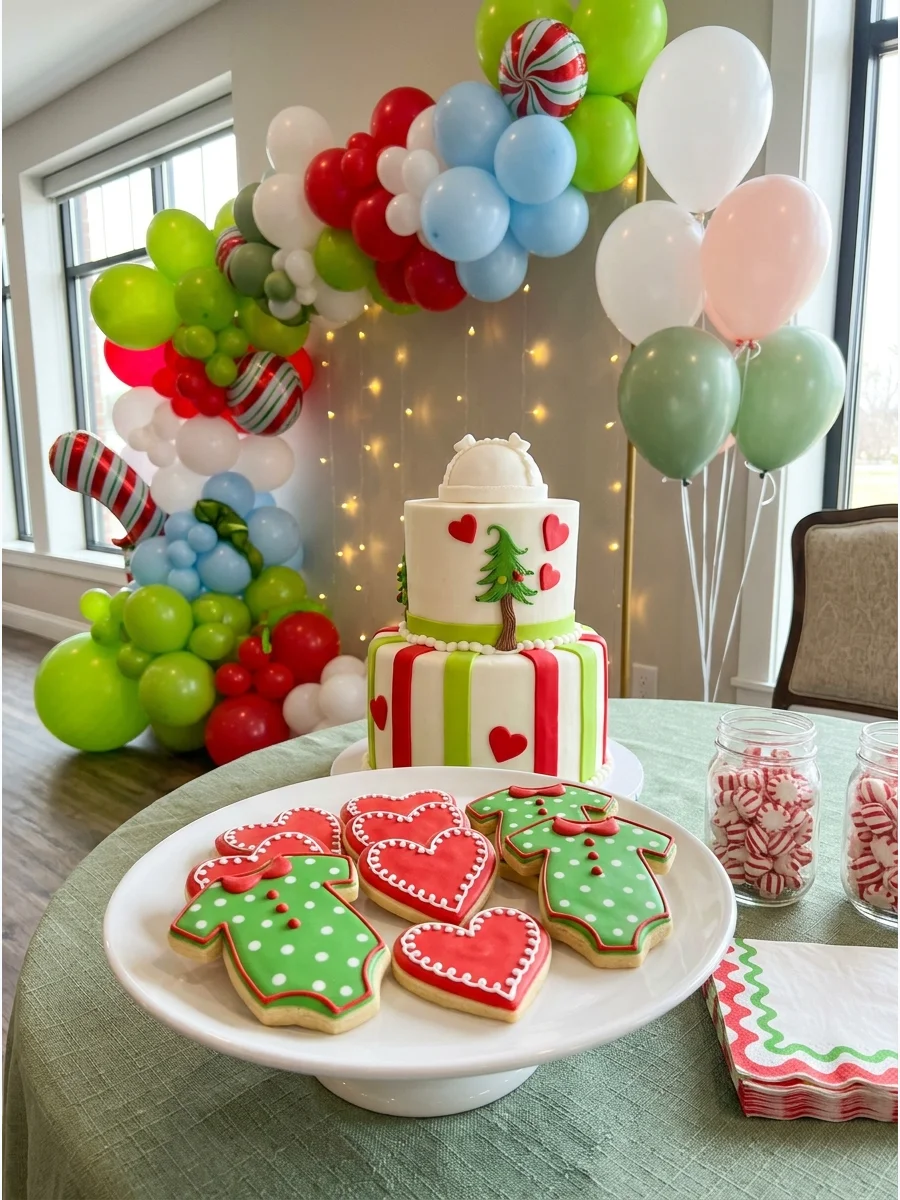 Sugar cookies shaped like baby clothes in green and red.