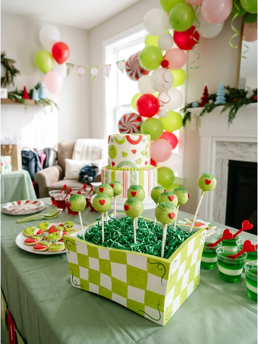 Green cake pops with red heart details.