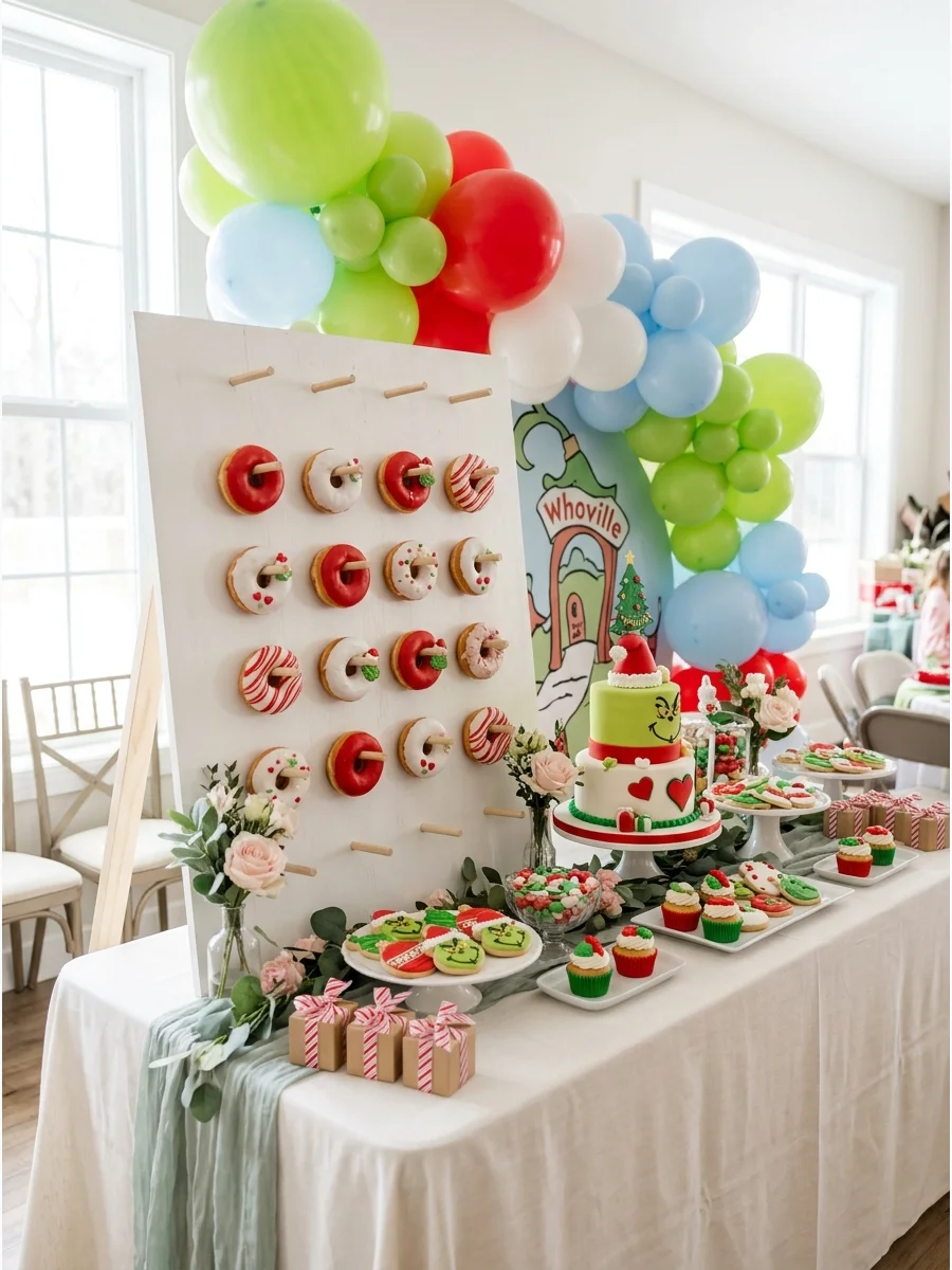 A doughnut wall with peppermint-colored doughnuts.