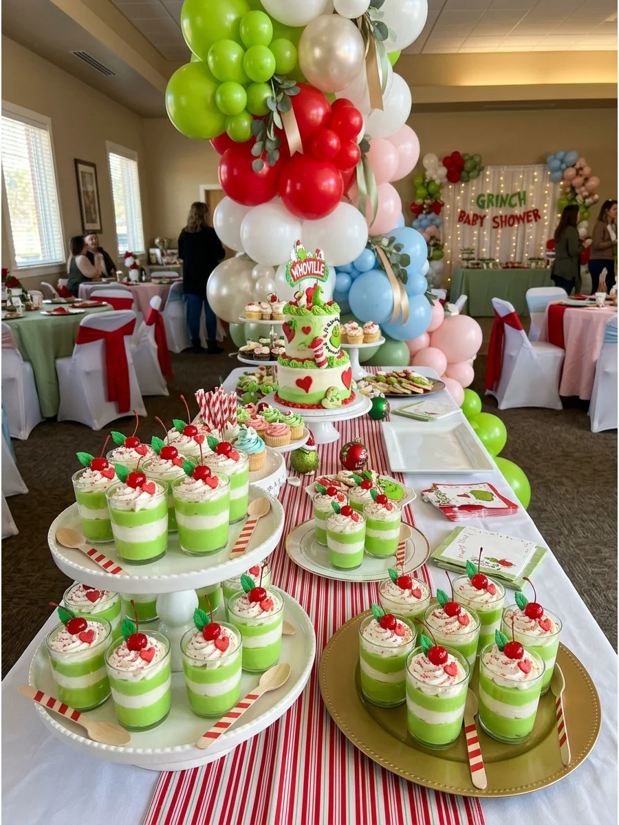 Layered green and white pudding cups.
