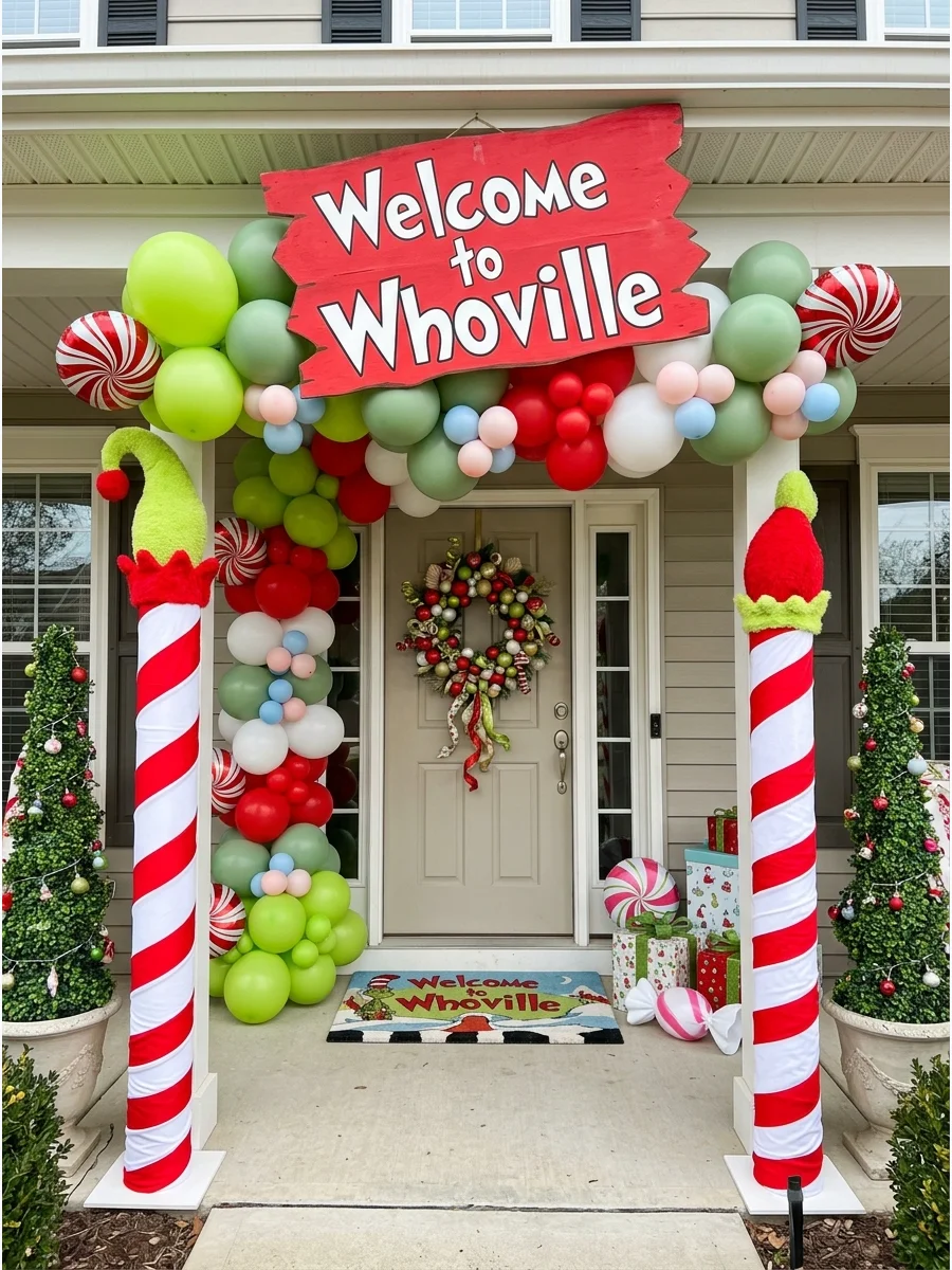 A home entrance decorated with a Whoville sign and striped poles.