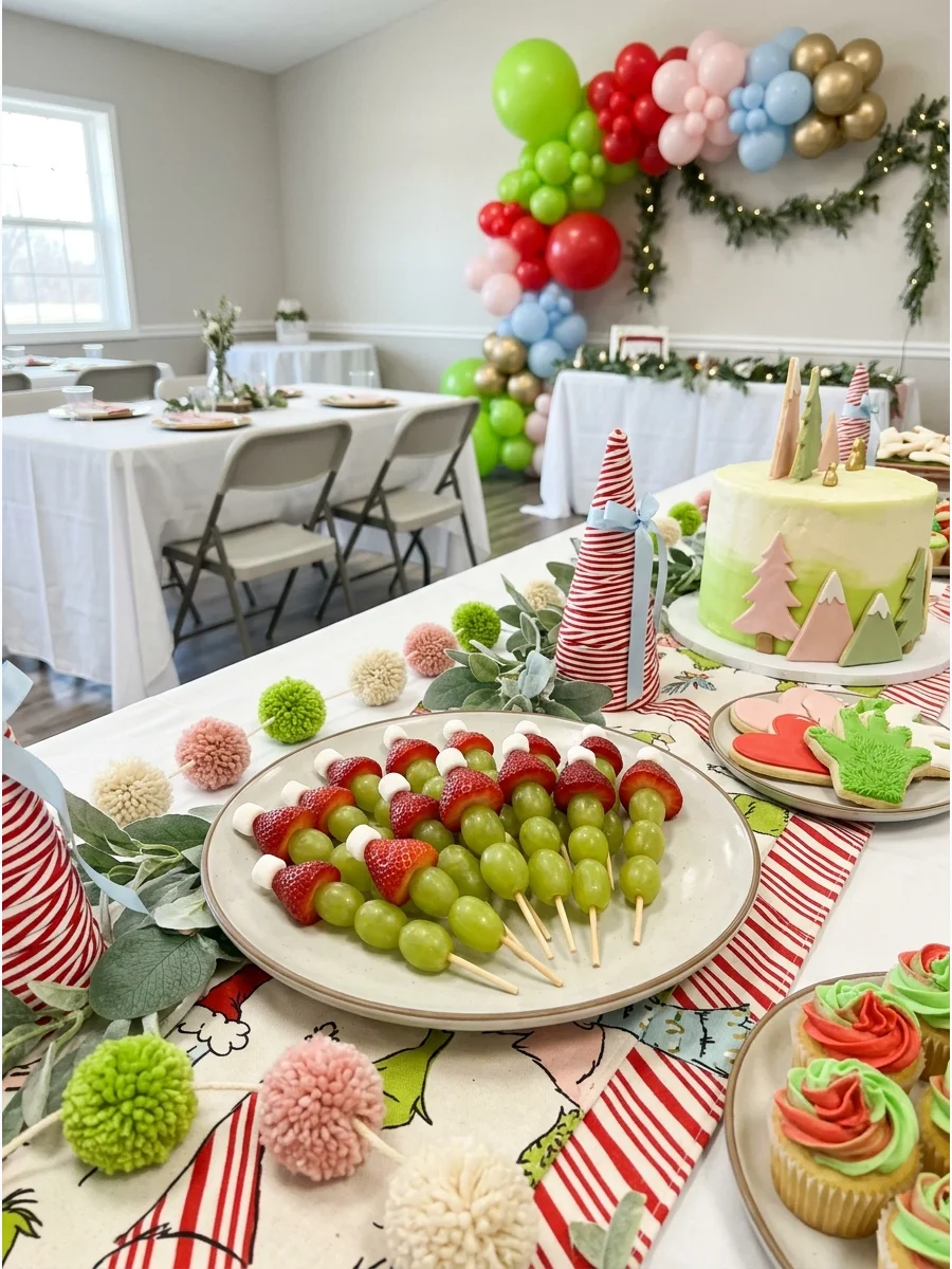 Fruit skewers made to look like Santa hats.