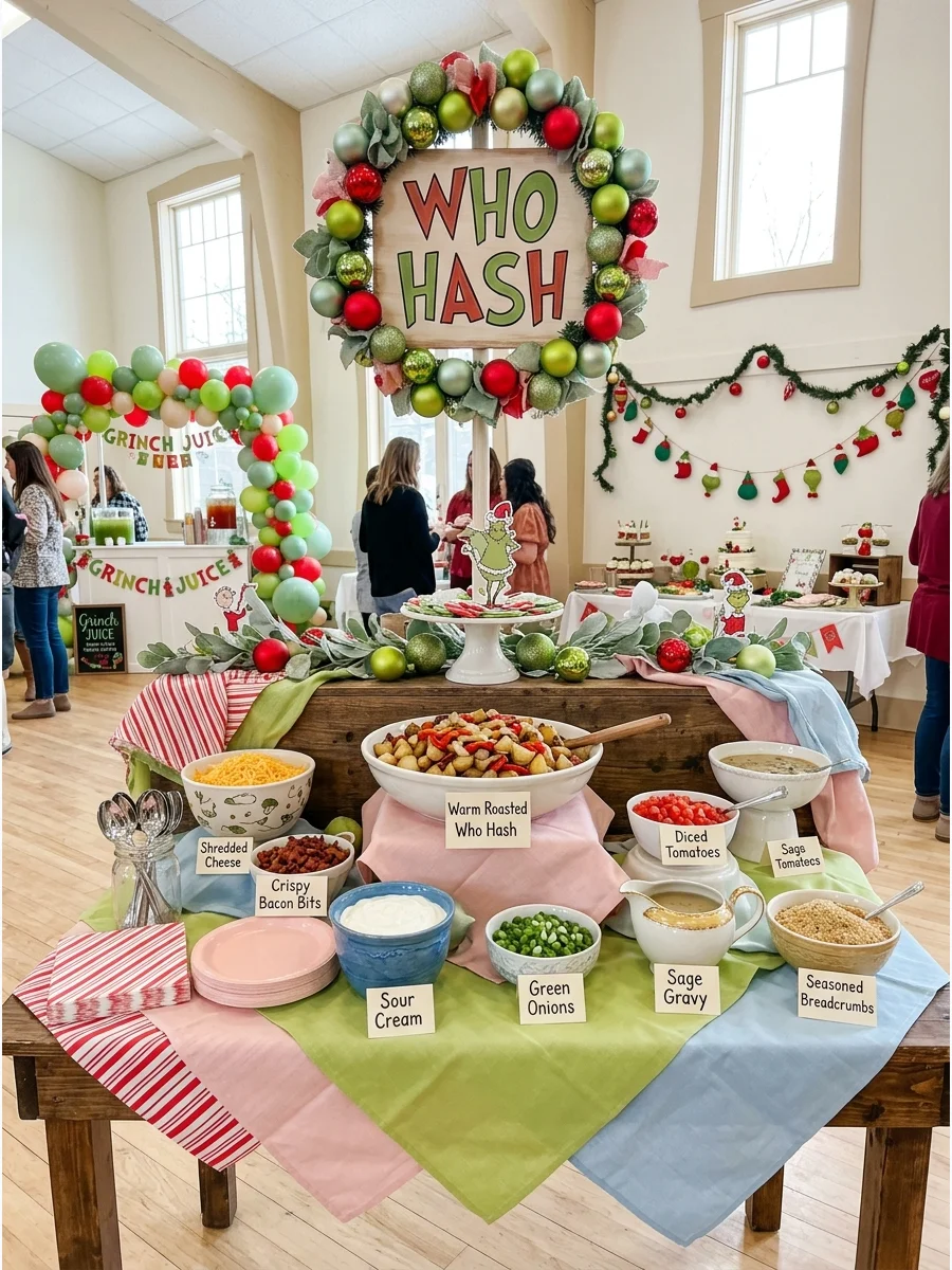 A potato bar station with a Who Hash sign.