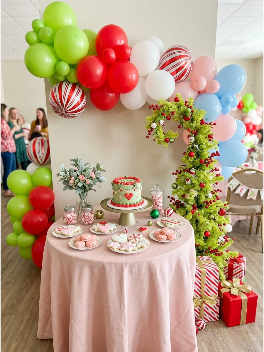 A pink and white themed dessert table.
