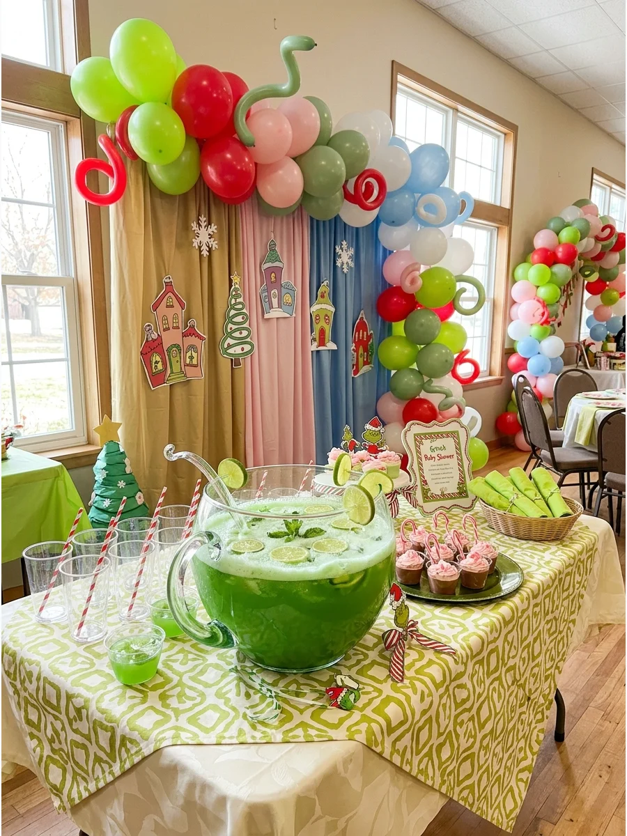 A bowl of bright green punch with a foamy top.