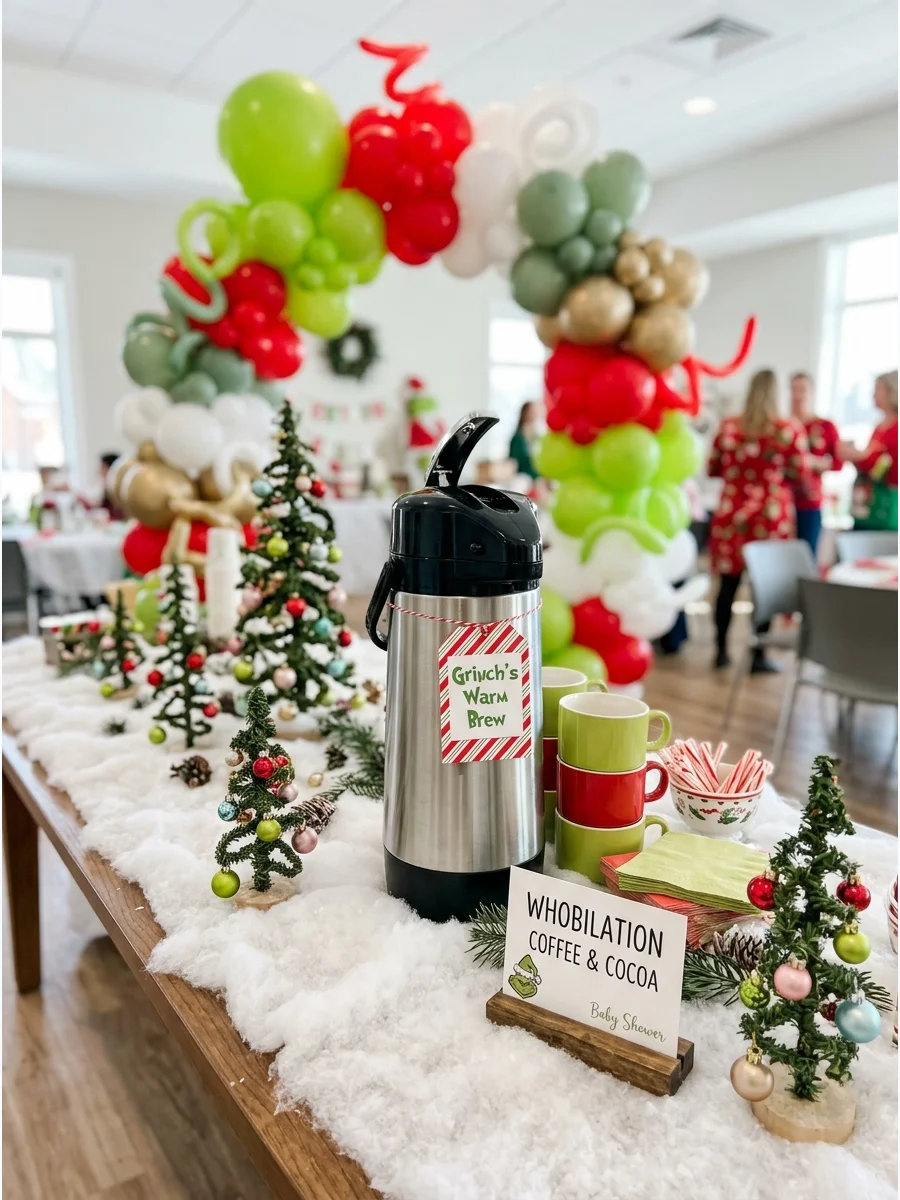A coffee station with winter mountain decorations.