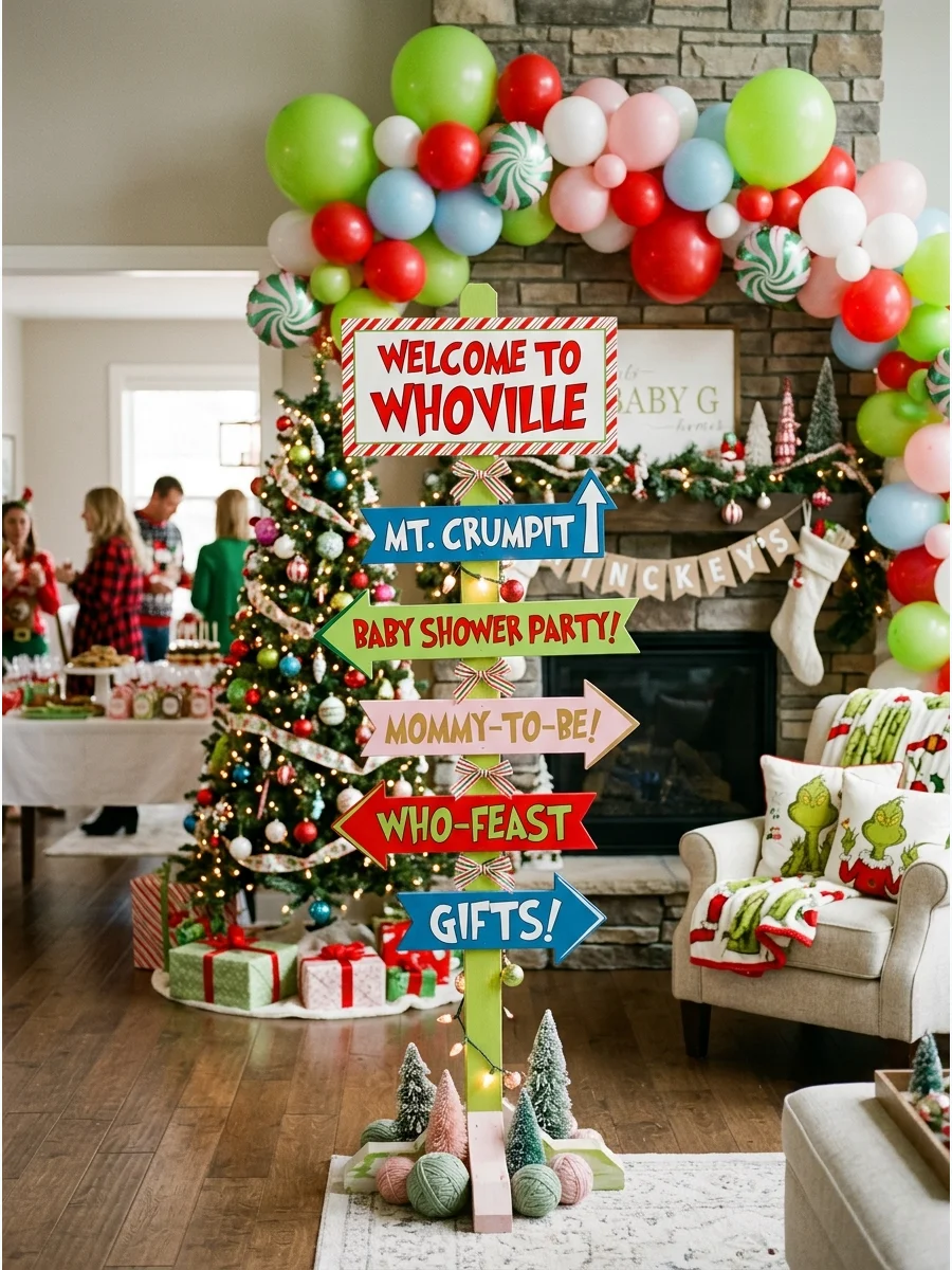 A colorful wooden directional signpost with Whoville locations.