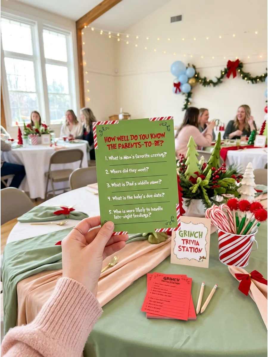 A trivia game card for a baby shower.