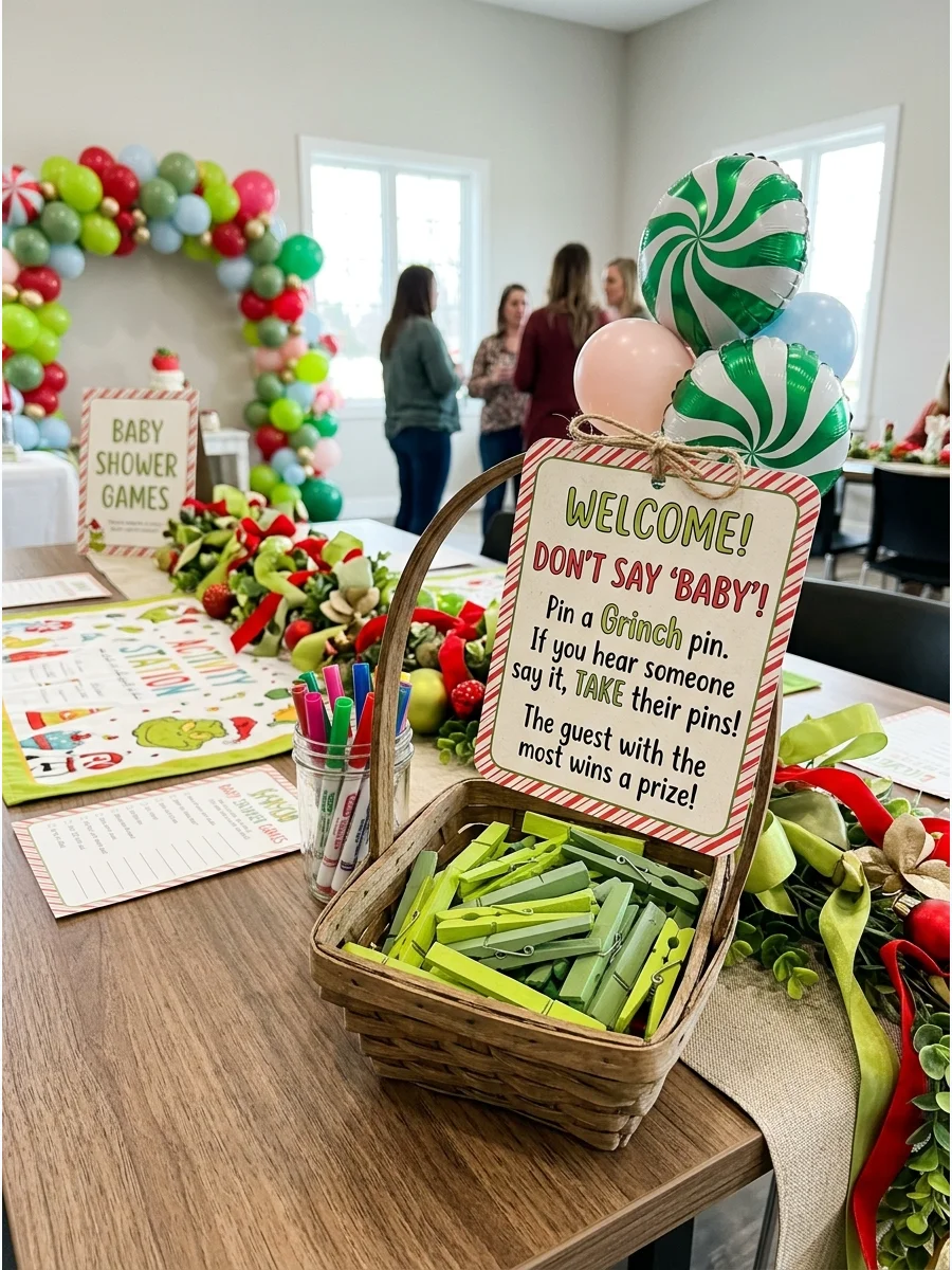 Green clothespins in a basket for a shower game.