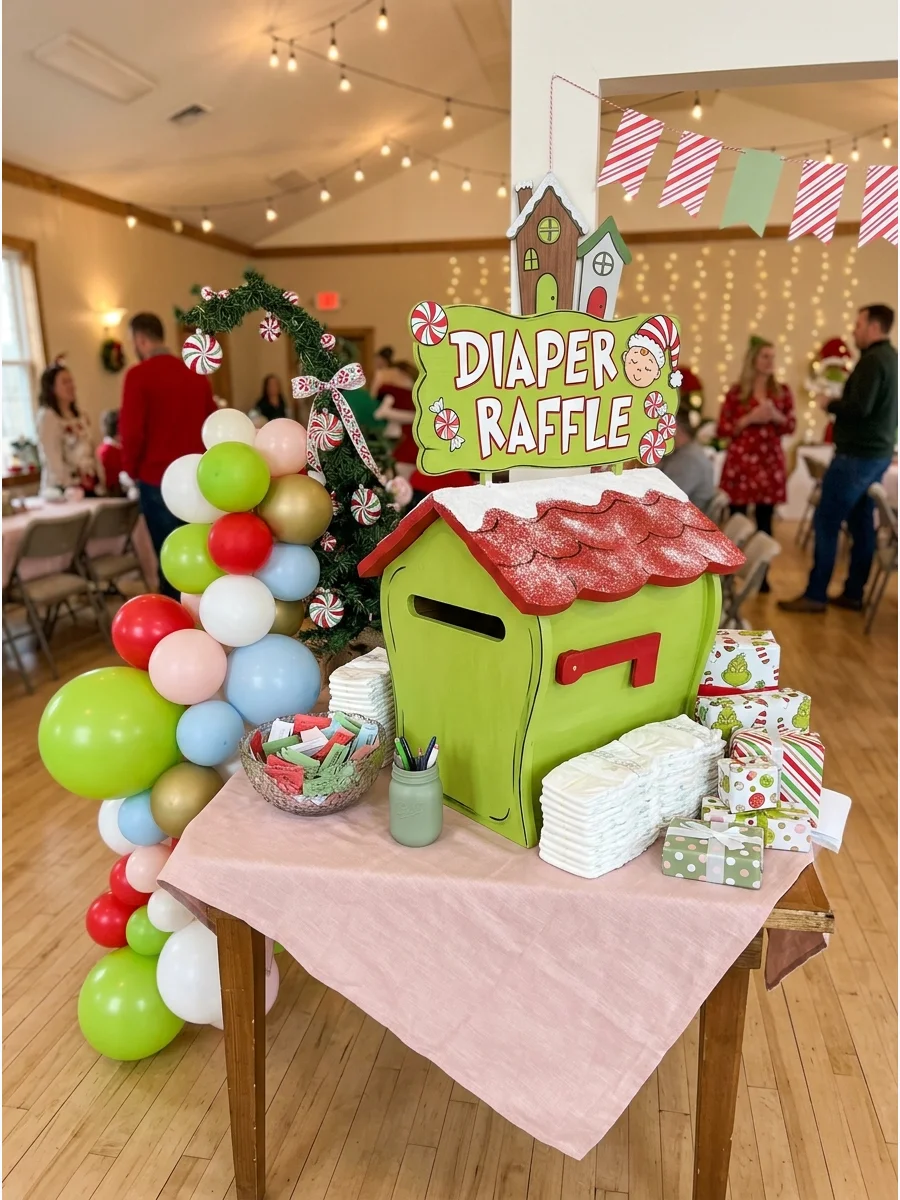 A diaper raffle box at a baby shower.
