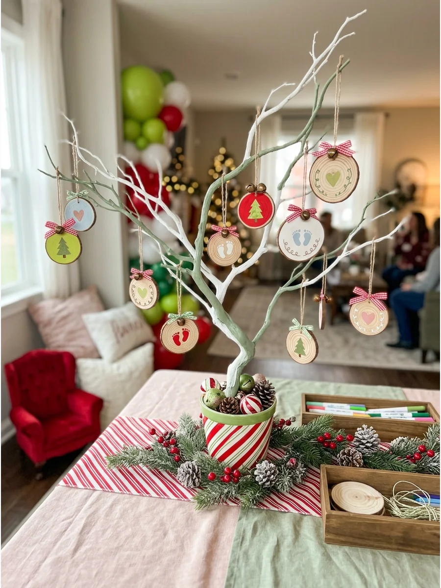 Wooden ornaments with baby predictions written on them.