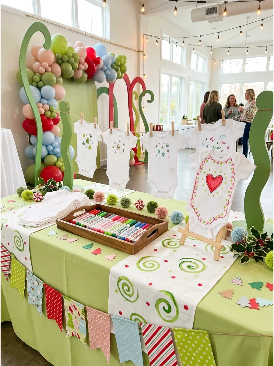A onesie decorating station at a baby shower.