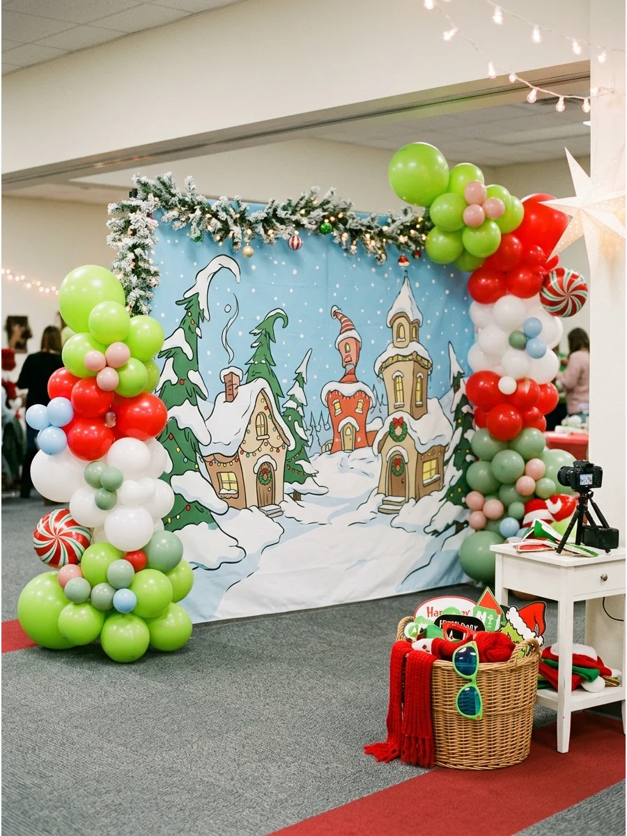 A photo booth setup with Whoville-themed props.