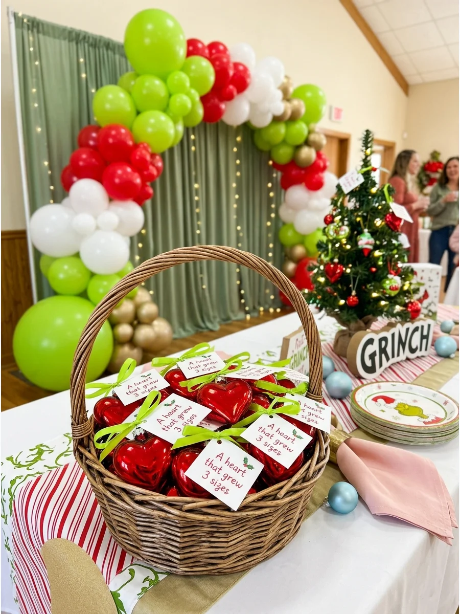 Heart-shaped Christmas ornaments used as party favors.