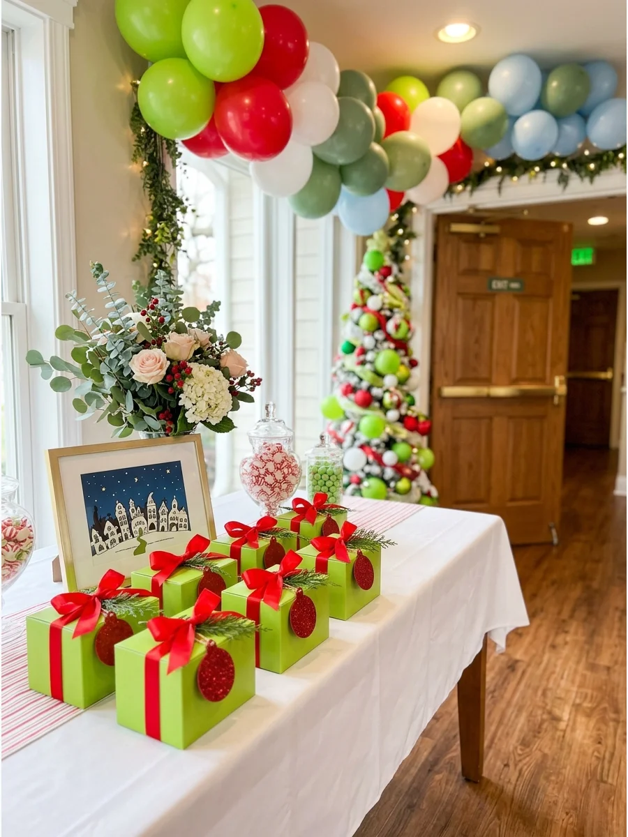 Green favor boxes with red ribbons for guests.