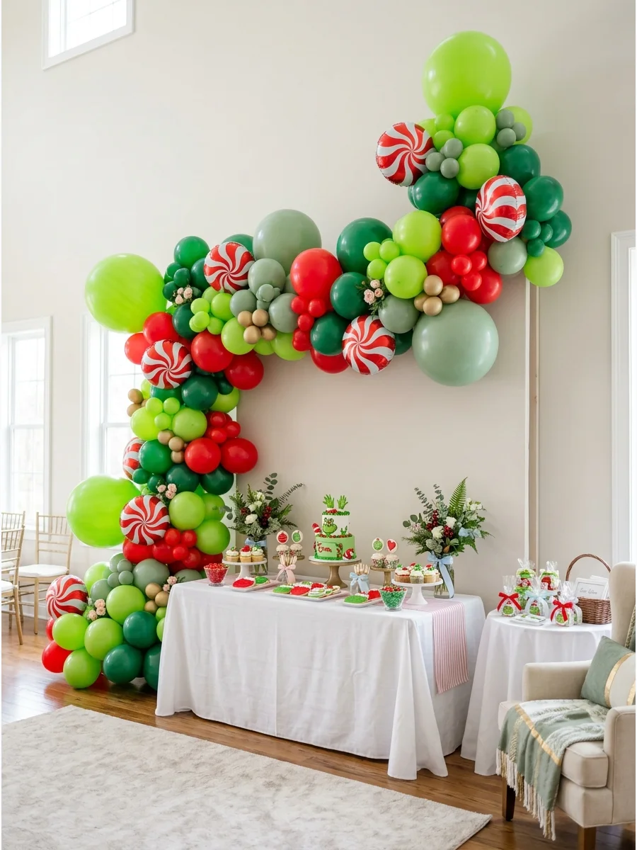 A large balloon wall in shades of green, red, and white.