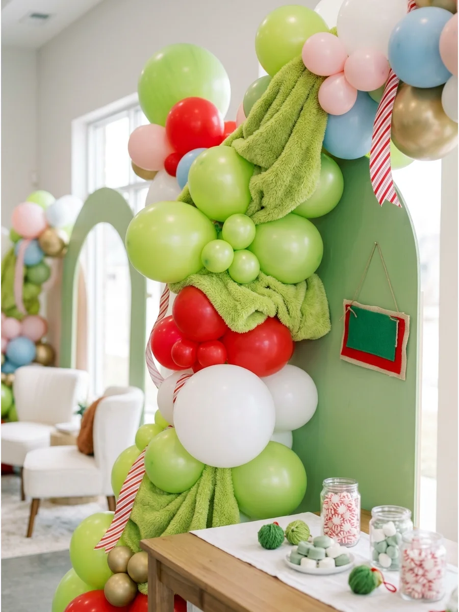 A balloon garland with lime green faux fur accents.