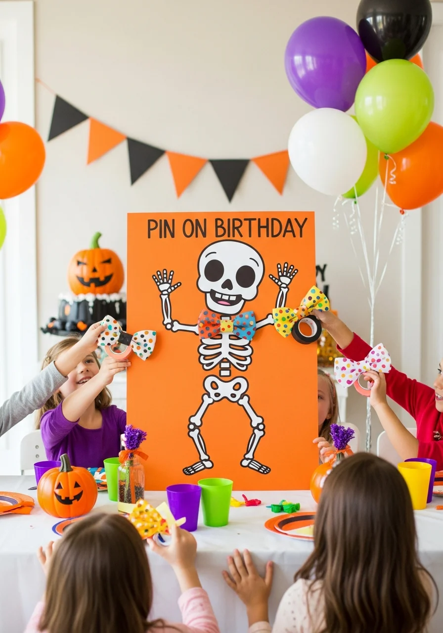 Children playing a pin the bow on the skeleton game at a birthday party.