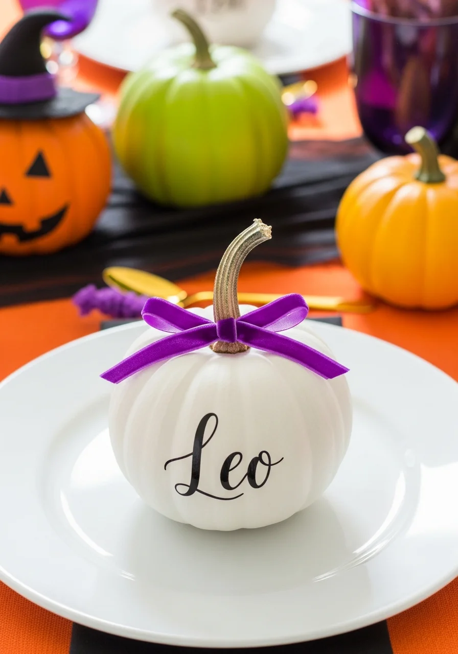A mini white pumpkin used as a name card on a festive table setting.