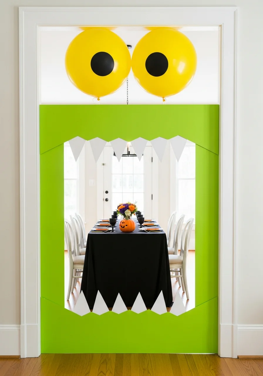 A bright green monster mouth decoration framing a doorway for a party entrance.