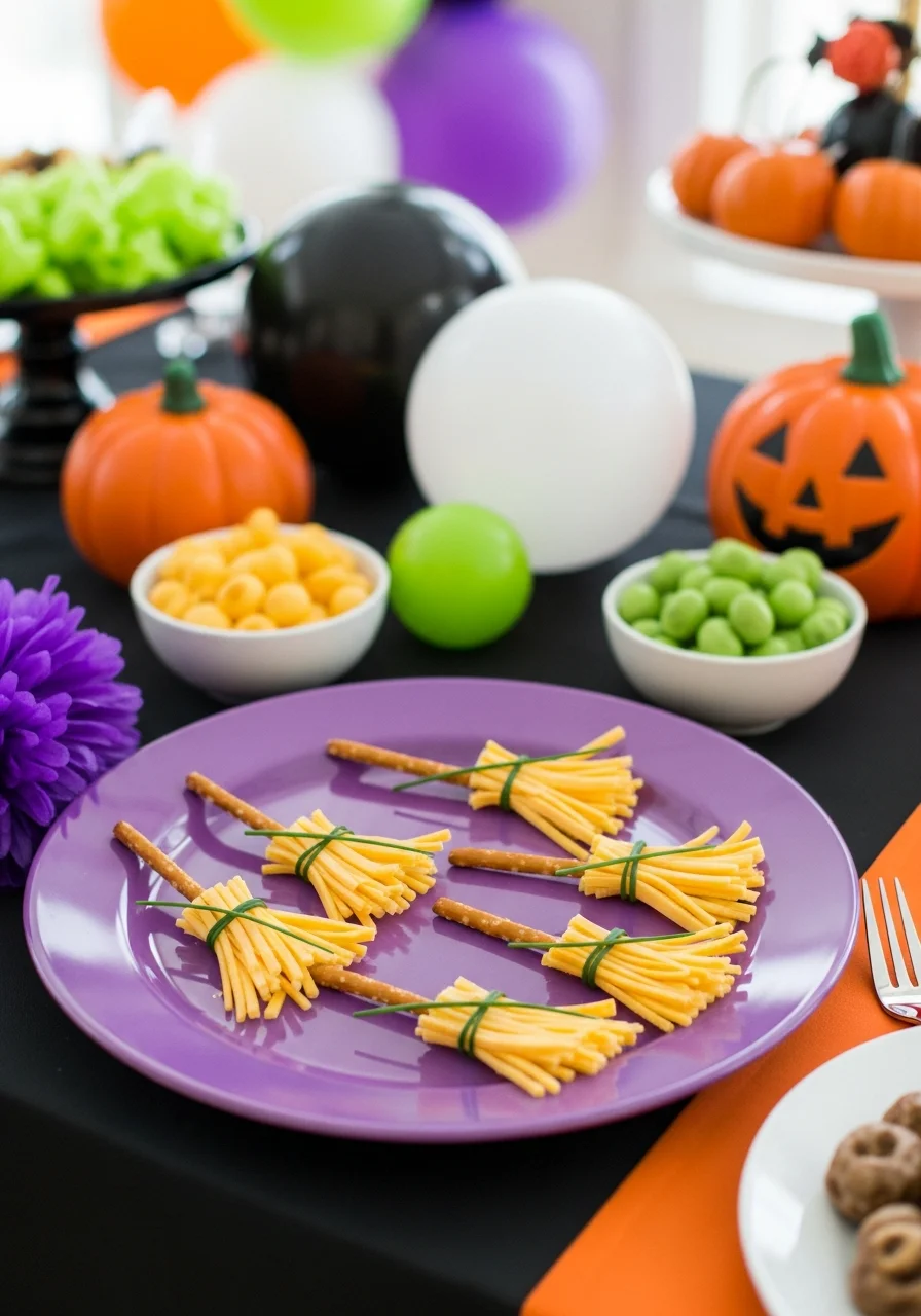 A platter of pretzel and cheese snacks shaped like miniature witch brooms.