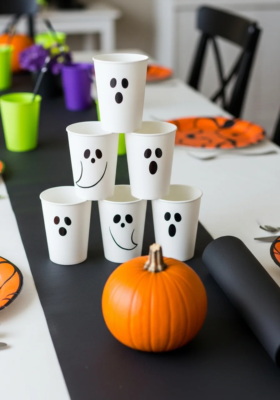 A DIY bowling game featuring ghost-faced cups and a pumpkin bowling ball.