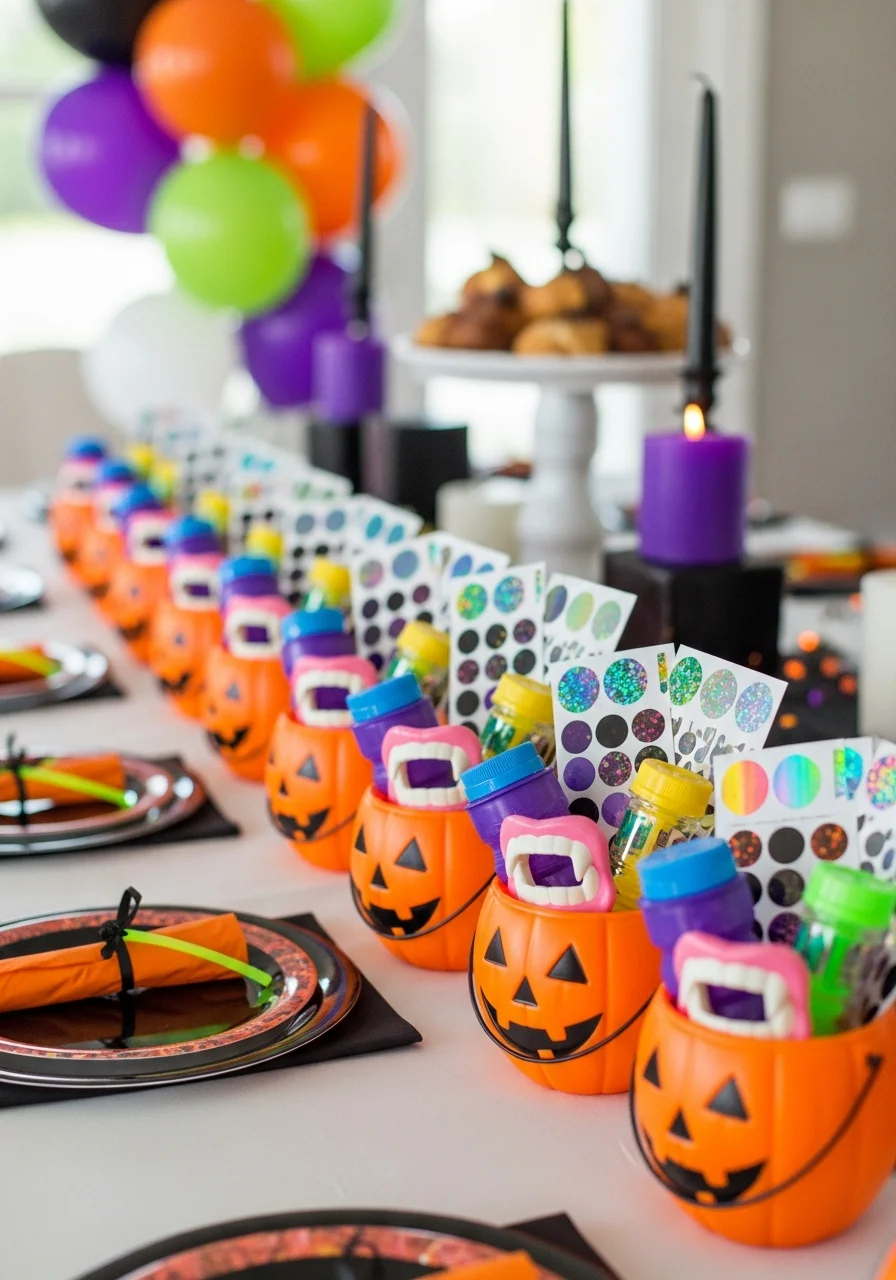 Miniature orange pumpkin buckets filled with colorful party favors and toys.